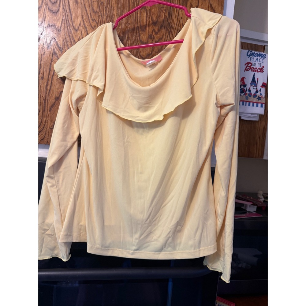 Bogari Womens Pastel Yellow Ruffle‎ Scoop Neck Long Sleeve Top Large USA Made